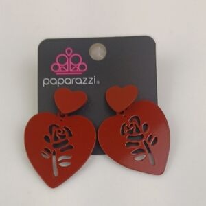 Gorgeous Coated Red Metal Lazer-Cut Rose Heart Droo Earrings